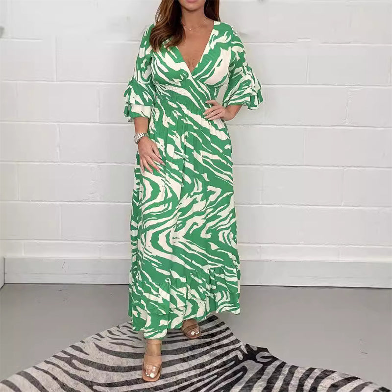 bonisplus.com - V-Neck Zebra Stripe Waistline 3/4 Sleeve Dress