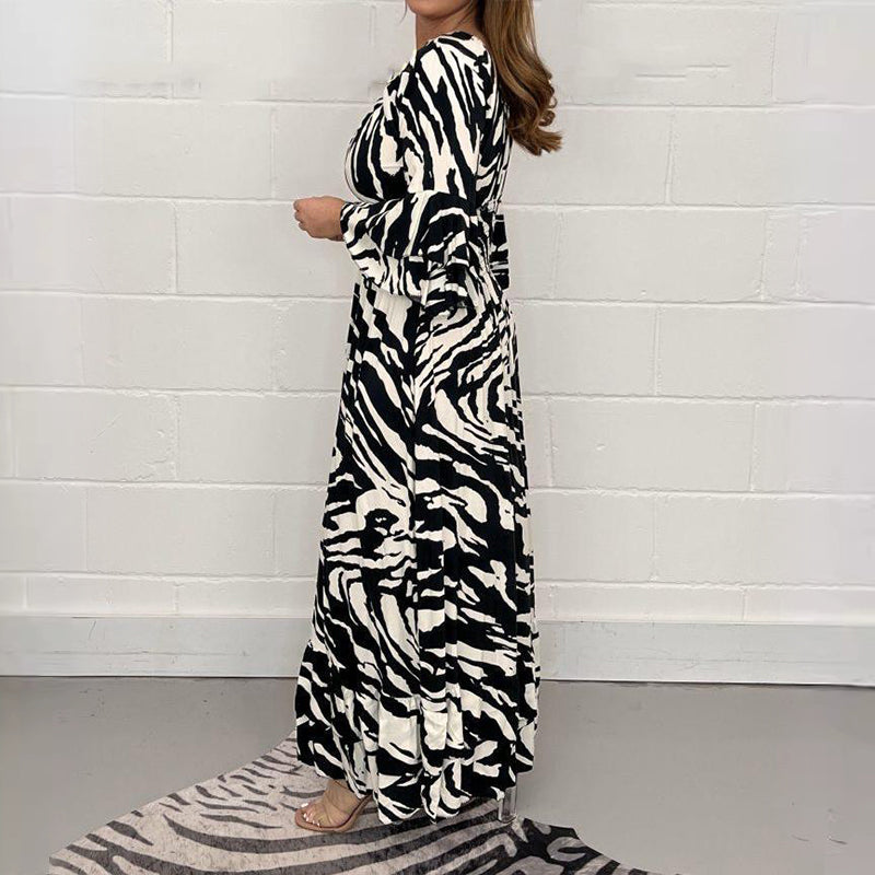 bonisplus.com - V-Neck Zebra Stripe Waistline 3/4 Sleeve Dress