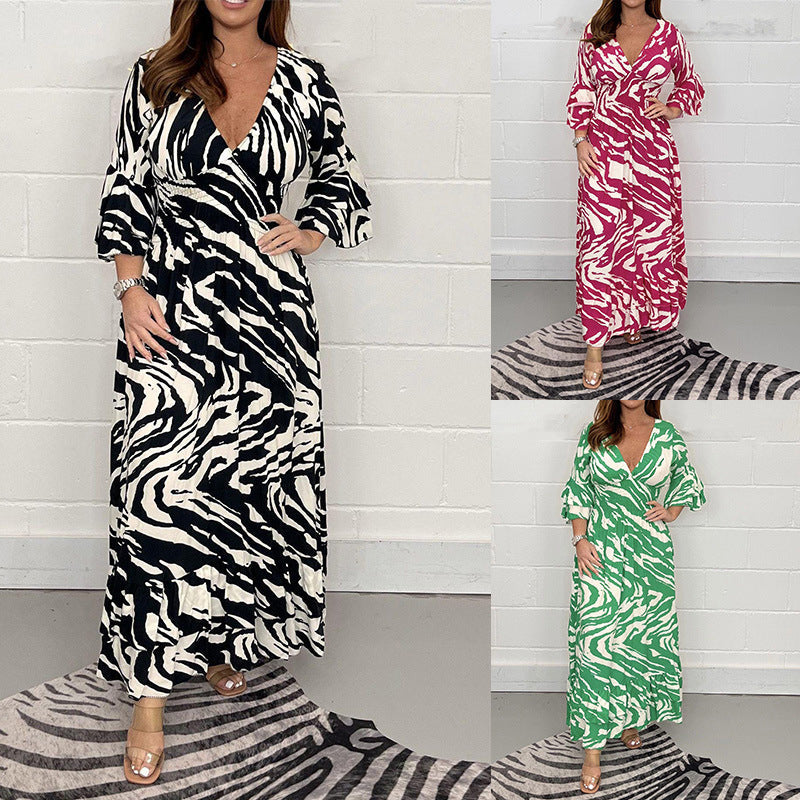 bonisplus.com - V-Neck Zebra Stripe Waistline 3/4 Sleeve Dress