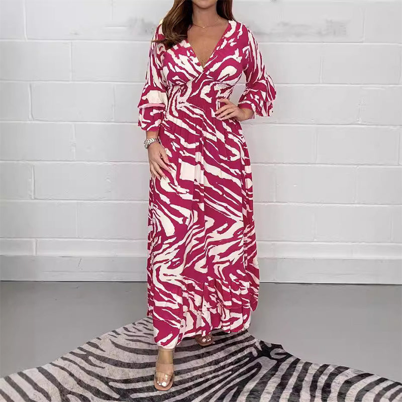 bonisplus.com - V-Neck Zebra Stripe Waistline 3/4 Sleeve Dress