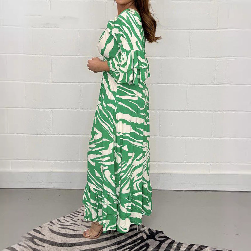 bonisplus.com - V-Neck Zebra Stripe Waistline 3/4 Sleeve Dress