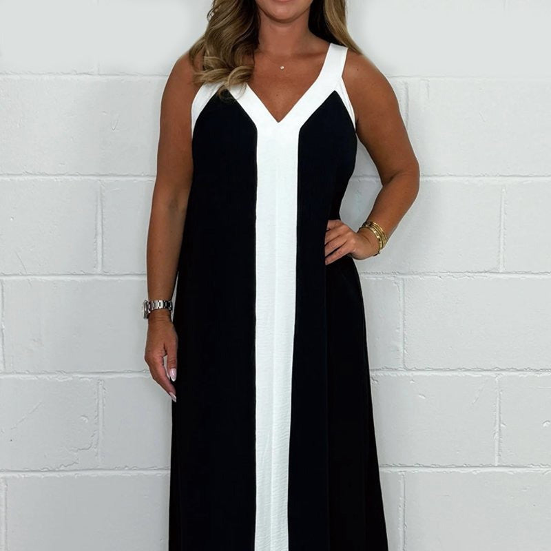 bonisplus.com Women's V-Neck Sleeveless Color Block Maxi Dress