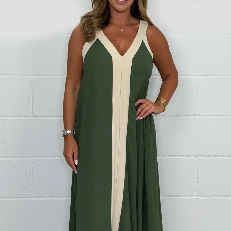 bonisplus.com Women's V-Neck Sleeveless Color Block Maxi Dress