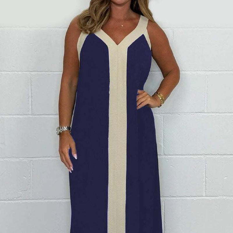 bonisplus.com Women's V-Neck Sleeveless Color Block Maxi Dress