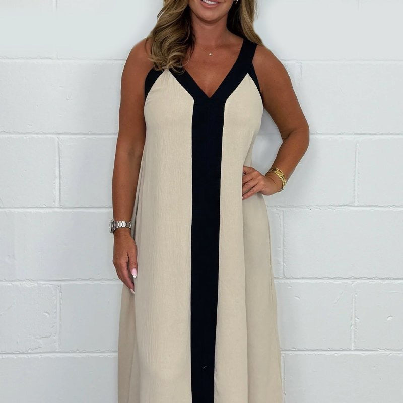 bonisplus.com Women's V-Neck Sleeveless Color Block Maxi Dress